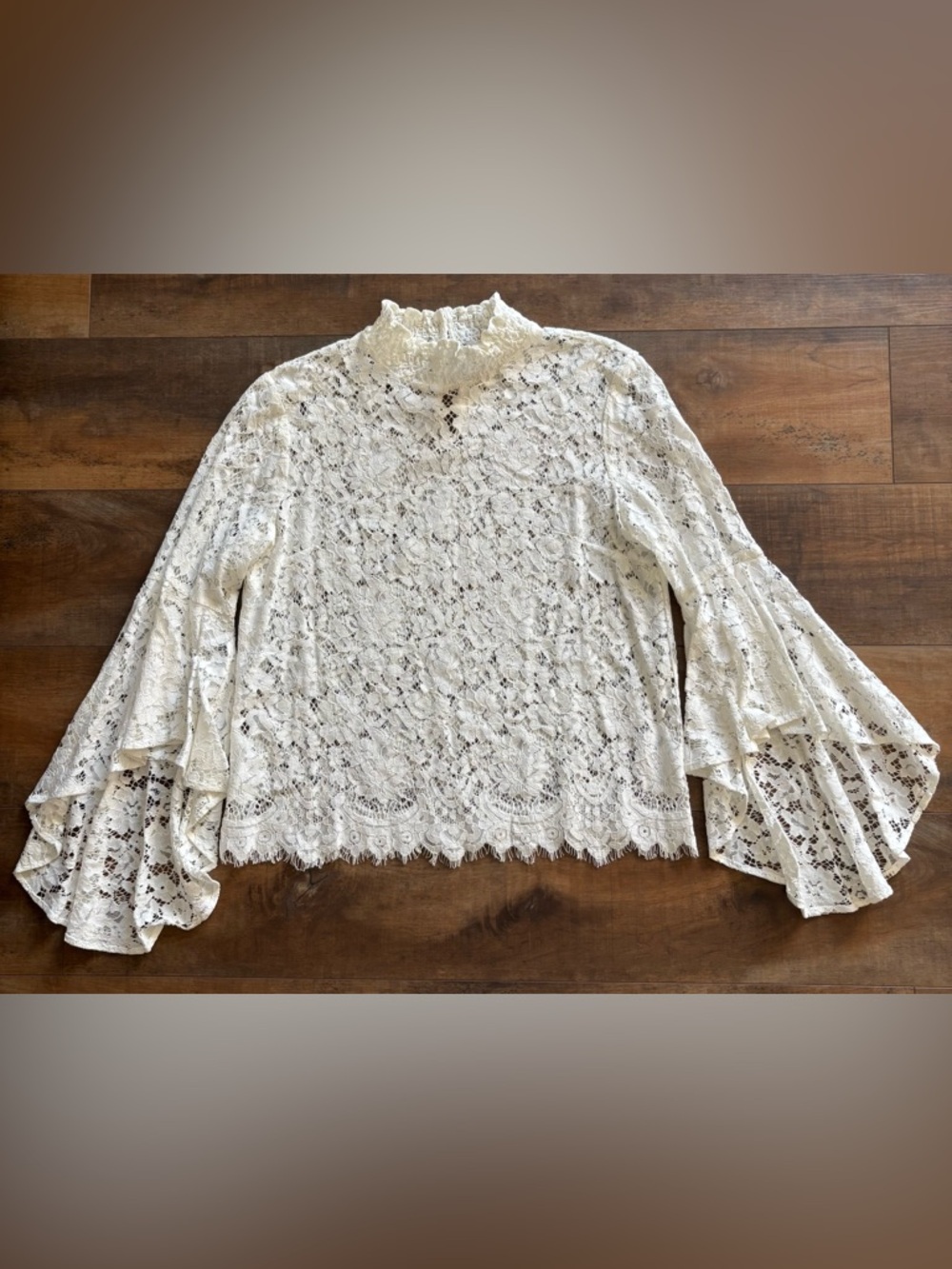 Wayf Lace Mock Neck White Lace Asymmetrical Bell Sleeve Top Blouse Women’s Sz L